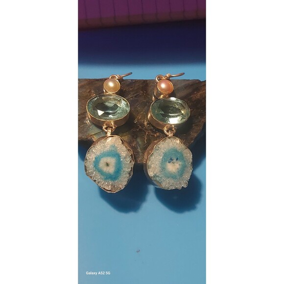 Blue druzy agate? Earrings with blue glass and faux pearl silver plated - Picture 2 of 9